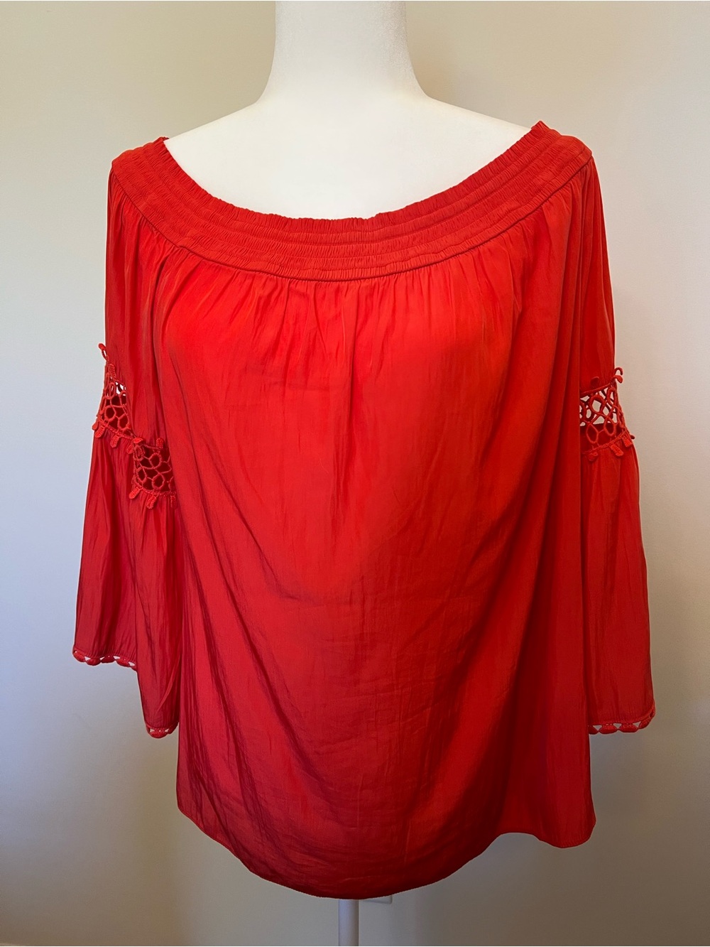 Chico's Red Off-Shoulder Crochet-Sleeve Tunic